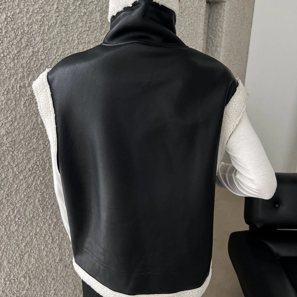 Black And White Boho Womens Contrast Trim Zip Up PU Vest Coat - Picture 3 of 6